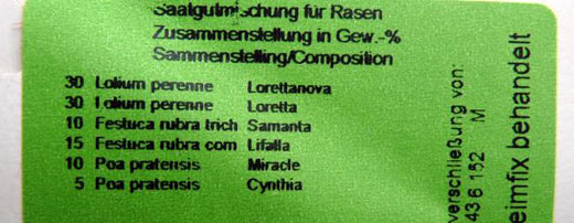 Muster für Saatgut-Etikett Rasenmischung.