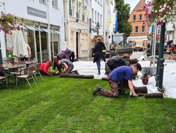 Verlegung des Fertigrasens auf einem Vlies in der Kapellenstraße