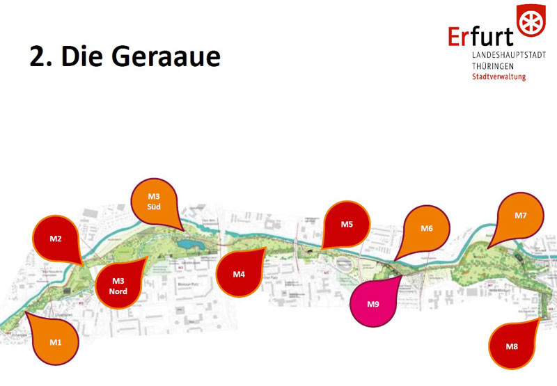 Geländeplan Geraaue mit markanten Teil-Positionen M1 – M8.