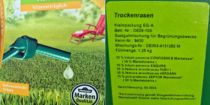 Beeindruckende Gestaltung für die Mischung des Trockenrasens. Entscheidend ist jedoch die Mischungszusammensetzung auf dem grünen Etikett am Boden der Packung, dabei liefert die Art Festuca arundinacea (Rohr-Schwingel) mit 70 % den wichtigsten Anteil der Mischung.