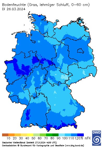 Bodenfeuchte unter Gras zum Vegetationsbeginn im März 2024 (DWD, 2024)