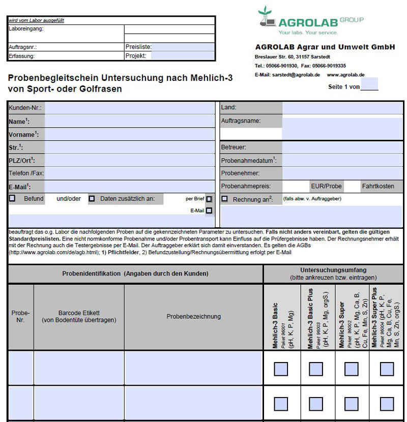 Beispiel für einen Probenbegleitbogen zur Erstellung einer Bodenanalyse für  Golf- und Sportrasen. 